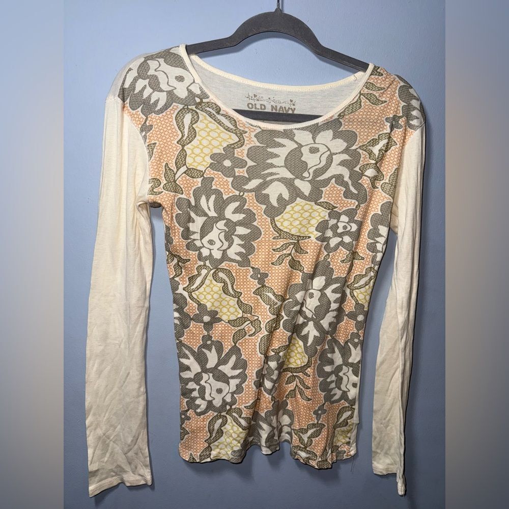 Old Navy Boho Retro Style Pima Cotton Long Sleeve Floral Top Size M EUC Y2K